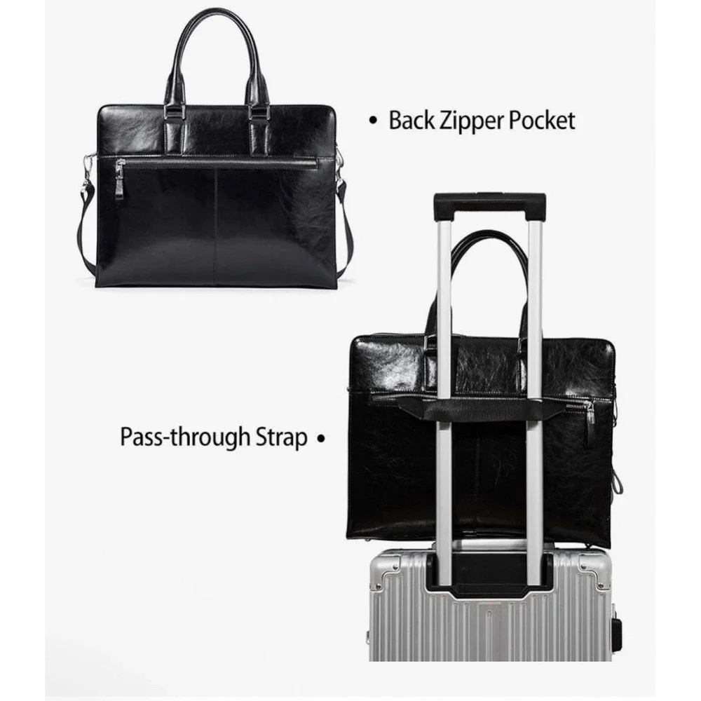 Bostanten Black Leather Briefcase Laptop Bag B1182023K-00 Business Messenger Bag